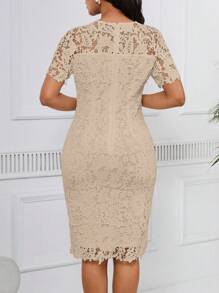 SHEIN Lady 女士优雅纯色蕾丝紧身连衣裙，夏季 - 卡其色 - 查看 2