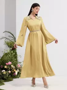 Al Najma Women's Solid Color Long Sleeve Arabic Style Dress With Rhinestone Decoration, Minimalist Fashion Suitable For Summer,Modest - Yellow - View 1