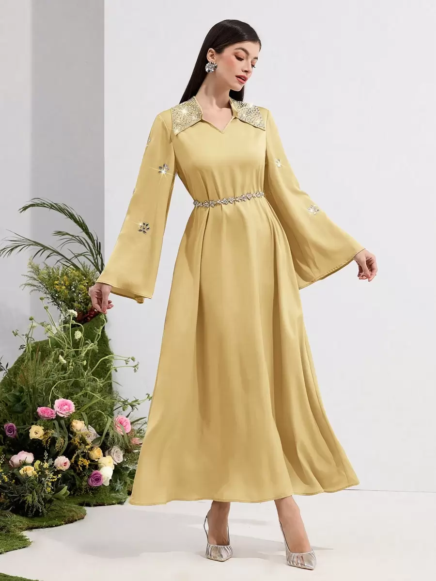 Al Najma Women's Solid Color Long Sleeve Arabic Style Dress With Rhinestone Decoration, Minimalist Fashion Suitable For Summer,Modest - Yellow - View 1