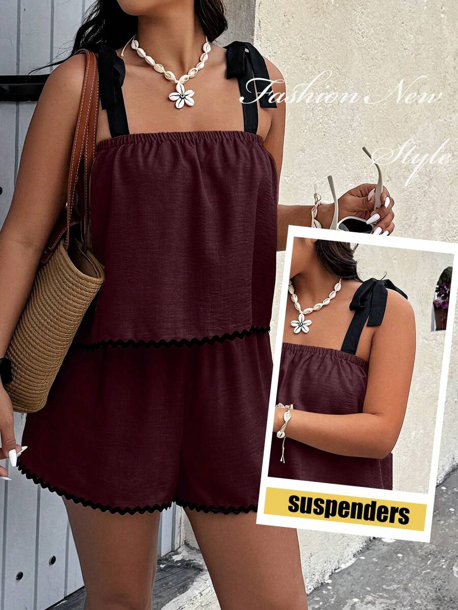 SHEIN Clasi 2pcs Plus Size Camisole Top & Shorts Set, Simple & Fashionable For Summer - Maroon - View 1