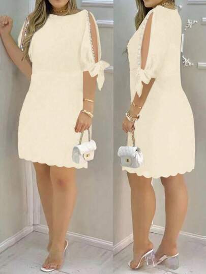 Lyxana Vestido corto casual y simple con cuello de tripulación y mangas cortas con decoración de perlas para mujer