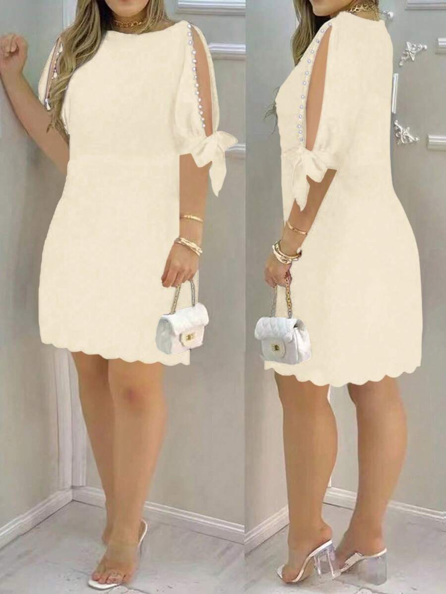 SHEIN LUNE Women Pearl Decor Crew Neck Short Sleeve Simple Casual Mini Dress - Apricot - View 1