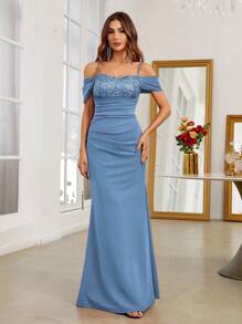 SHEIN Belle Burgundy Red Cold Shoulder Contrast Sequin Mermaid Hem Formal Dress