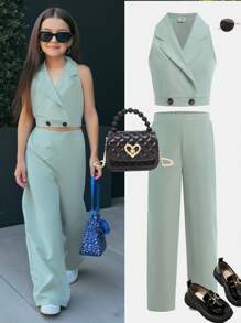 SHEIN Nova Glow 2pcs Tween Girls' Collared Vest And Pants Set - Mint Green - View 1