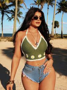 SHEIN SXY Nouveau style Top de camisole en crochet fleuri doux et frais pour femmes, convient pour les vacances à la plage, le printemps/été