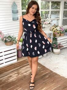 SHEIN LUNE 大码女式羽毛印花休闲优雅连衣裙