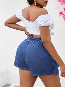 SHEIN ICON Plus Size Dark Blue Denim Shorts,Casual Summer Fitted Patchwork Shorts For Women,Hiking Vacation,Western Country,Rave Festival,Old Money Style,Rodeo - Blue - View 3