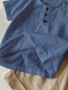 SHEIN 2pcs/Set Young Boy Solid Color Button Half Placket Shirt And Shorts - Blue - View 5