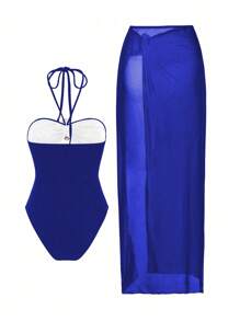 SHEIN Swim Curve 1pc Or 2pcs Plus Size One-Piece Swimsuit With Solid Color Metallic Accent, Simple & Elegant Summer Women Beach Vacation Outfit