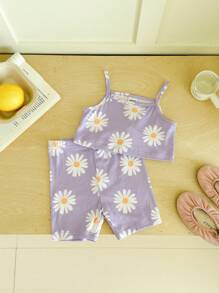SHEIN 2pcs Baby Girl Floral Print Camisole & Shorts Set - Mauve Purple - View 1