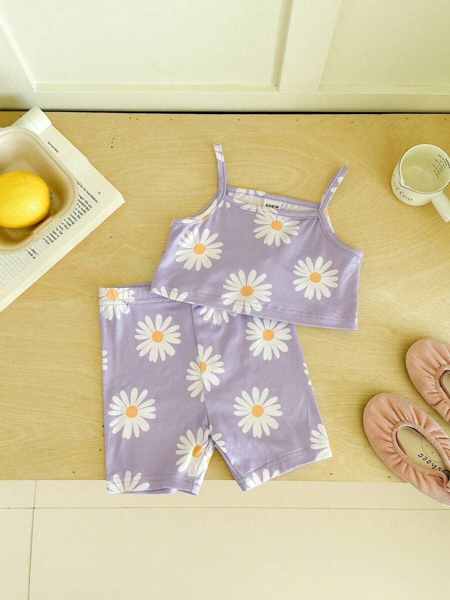 SHEIN 2pcs Baby Girl Floral Print Camisole & Shorts Set - Mauve Purple - View 1