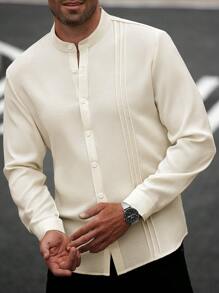 Manfinity Homme Camisa de manga larga con botones de unicolor casual y de negocios para hombres, camisa casual de manga larga con botones, textura de unicolor, parche doble, para el trabajo, ligera y madura, para el otoño - Beis - Ver 4