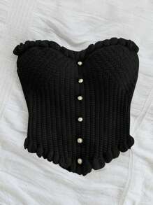 SHEIN WYWH 大码女式针织束带紧身胸衣上衣，配珍珠纽扣，浪漫的春假分层单品 - 黑色 - 查看 6