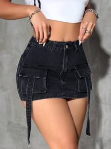 SHEIN PETITE Women's Cargo Pocket Bodycon Casual Denim Mini Skirt