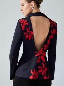 Aveloria Modichic Red & Black Color Block Floral Print Backless Sexy Fitted Double Button Blazer, Versatile For Commute, Party, High-End - Multicolor - View 2