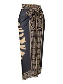 Swim Oasis 2pcs/Set Women 2025 New Black Special Material Swimsuit With Mesh Printed Beach Cover Up Skirt, Summer Casual Swimwear Sets