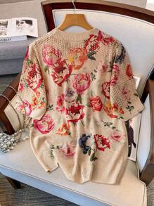 EMERY ROSE 新款春夏复古艺术扎染印花圆领优雅轻质针织女式套头衫 - 杏色 - 查看 2