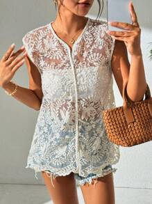 Chiquease 度假休闲欧根纱刺绣无袖衬衫 - 杏色 - 查看 5