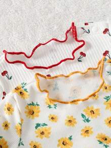 4pcs Baby Girl Flower Pattern Ruffle Trim Round Neck Long Sleeve Top And Long Pants Comfortable Homewear Pajama Set - Multicolor - View 3