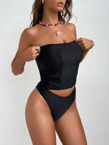 SHEIN Swim Bandeau TUMMY CONTROL Tankini Set For Summer Beach Vacation - Black - View 1
