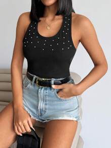 EURMUSE Women's Faux Pearl Decor Fitted Neck Halter Top - Black - View 1