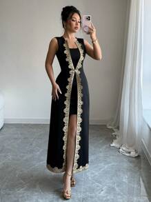 Rafferiza Elegant Waist-Cinched Fitted Sleeveless 2 In 1 Lace-Trim Black Long Dress, Suitable For Spring & Summer - Black - View 6