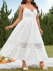 SHEIN Clasi Plus Size Holiday Spaghetti Strap Wrap A-Line Midi Dress - White - View 4