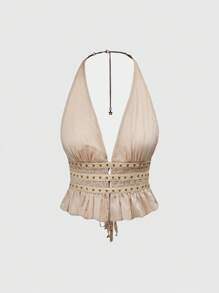 ROMWE Hippie Western Inspired Vintage Wood Bead Decor Backless Spaghetti Strap Halter Top, Cowgirl For Women - Brown - View 1