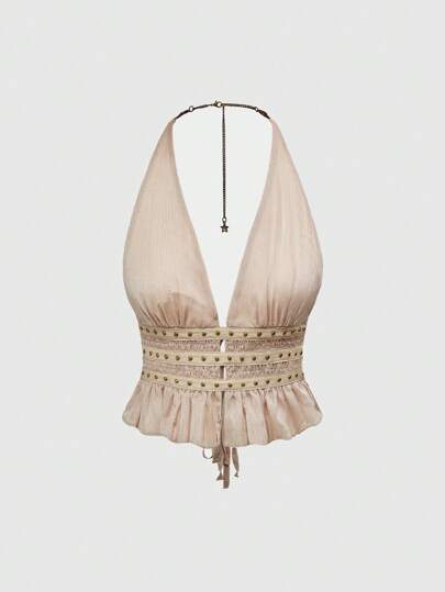 Hippie Top halter sin espalda con tirantes finos, decorado con cuentas de madera con inspiración vintage y western, para mujeres