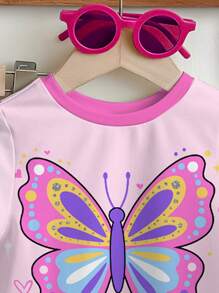 SHEIN Conjunto de 2 piezas - Blusa de manga corta rosa con gráfico de "Chica Bonita" y mariposas impresas, y pantalón campana, un conjunto casual para niñas jóvenes apropiado para el verano - Multicolor - Ver 4