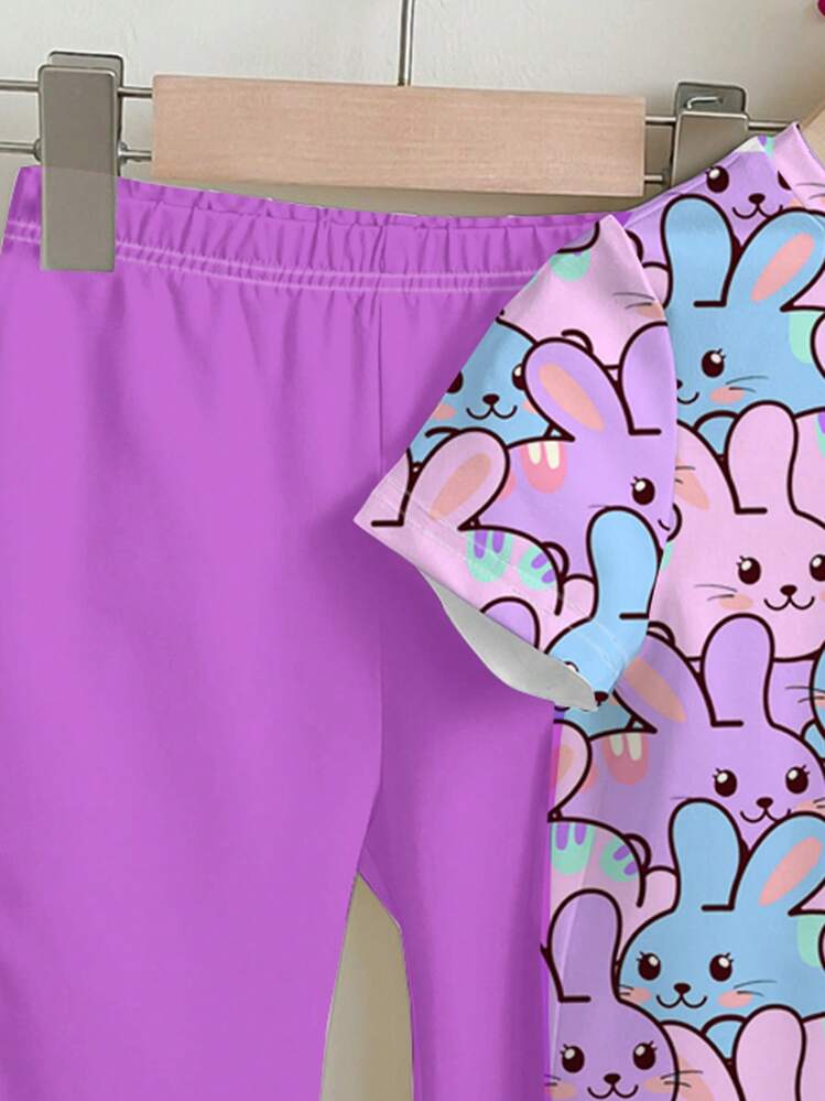 SHEIN Bộ 2 món thường ngày in hình thỏ dễ thương, gồm áo cổ tròn tay ngắn và quần ống loe cho bé gái, thích hợp cho mùa hè - Nhiều màu - Xem 4