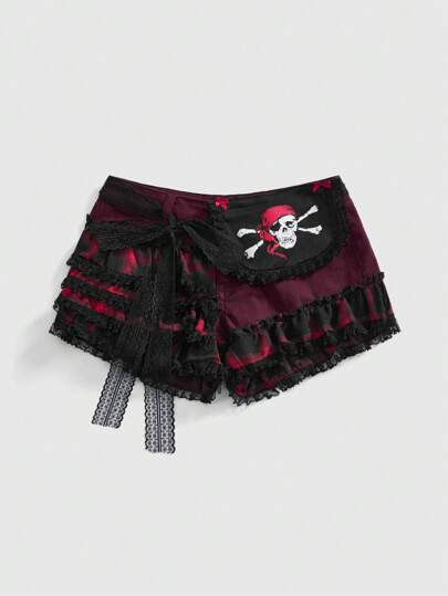 Goth Y2K Dark Pirate Skull Mini Denim Shorts