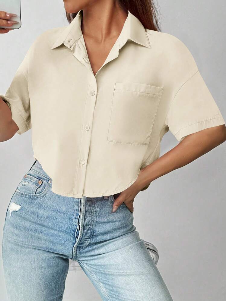 Chiquease 女士纯色单排扣口袋宽松短款休闲衬衫 - 杏色 - 查看 1