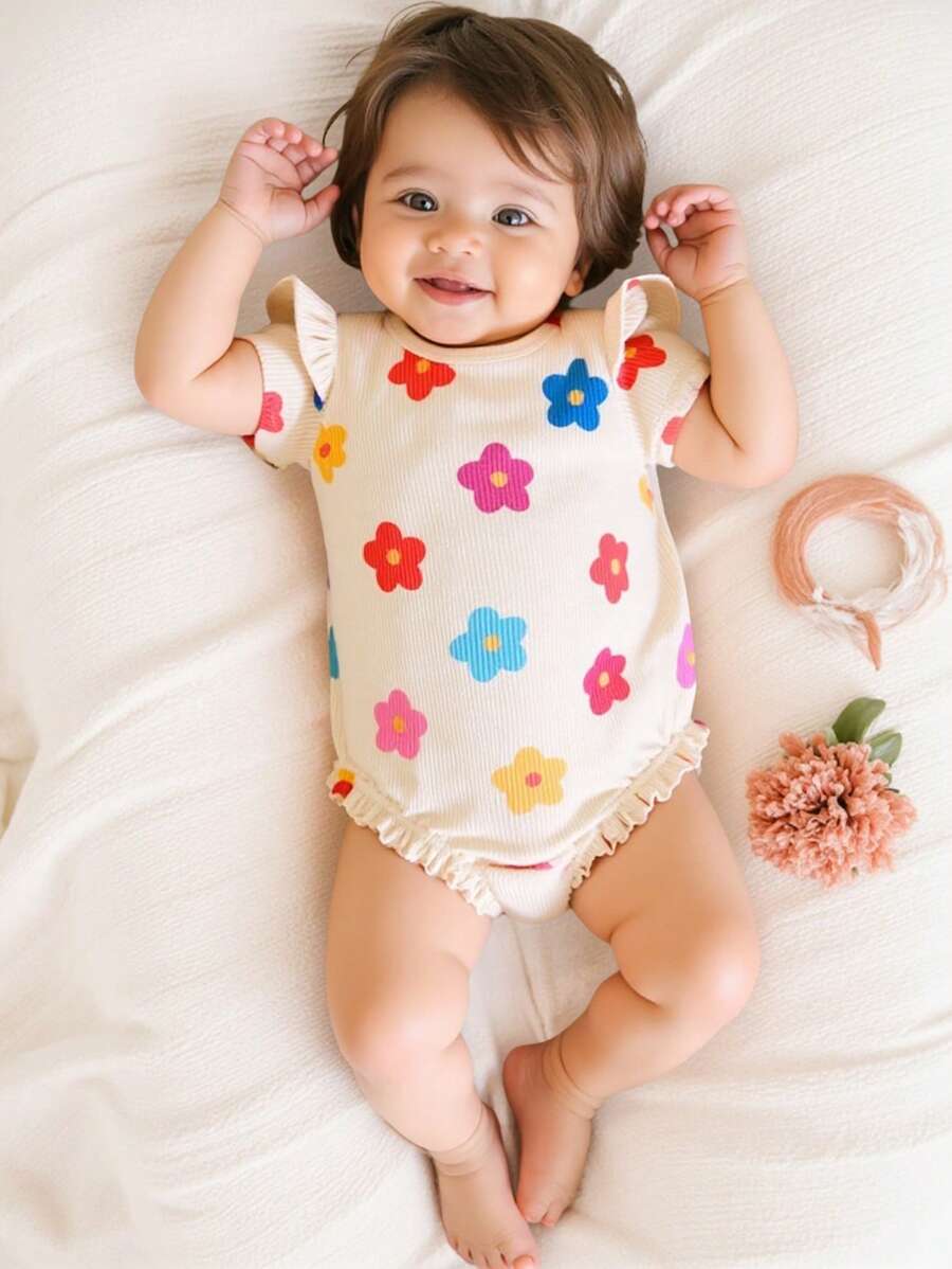 2件套婴儿女童圆领荷叶边彩色碎花短袖连体衣，配发带，可爱舒适，适合春、夏、秋季穿着。 - 彩色 - 查看 1