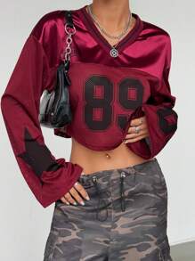 StreetHx Casual Numeric Star Pattern Mesh Splice Long Sleeve T-Shirt - Burgundy - View 1