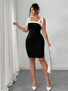 Elenzga Plus Size Women Elegant Knitted Sleeveless Black & White Color Block Bowknot Shoulder Strap Fitted Bodycon Dress - Black and White - View 4