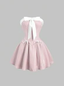 Sweetra 女式拼色露肩蝴蝶结A字迷你连衣裙，可爱公主风，适合春夏生日派对