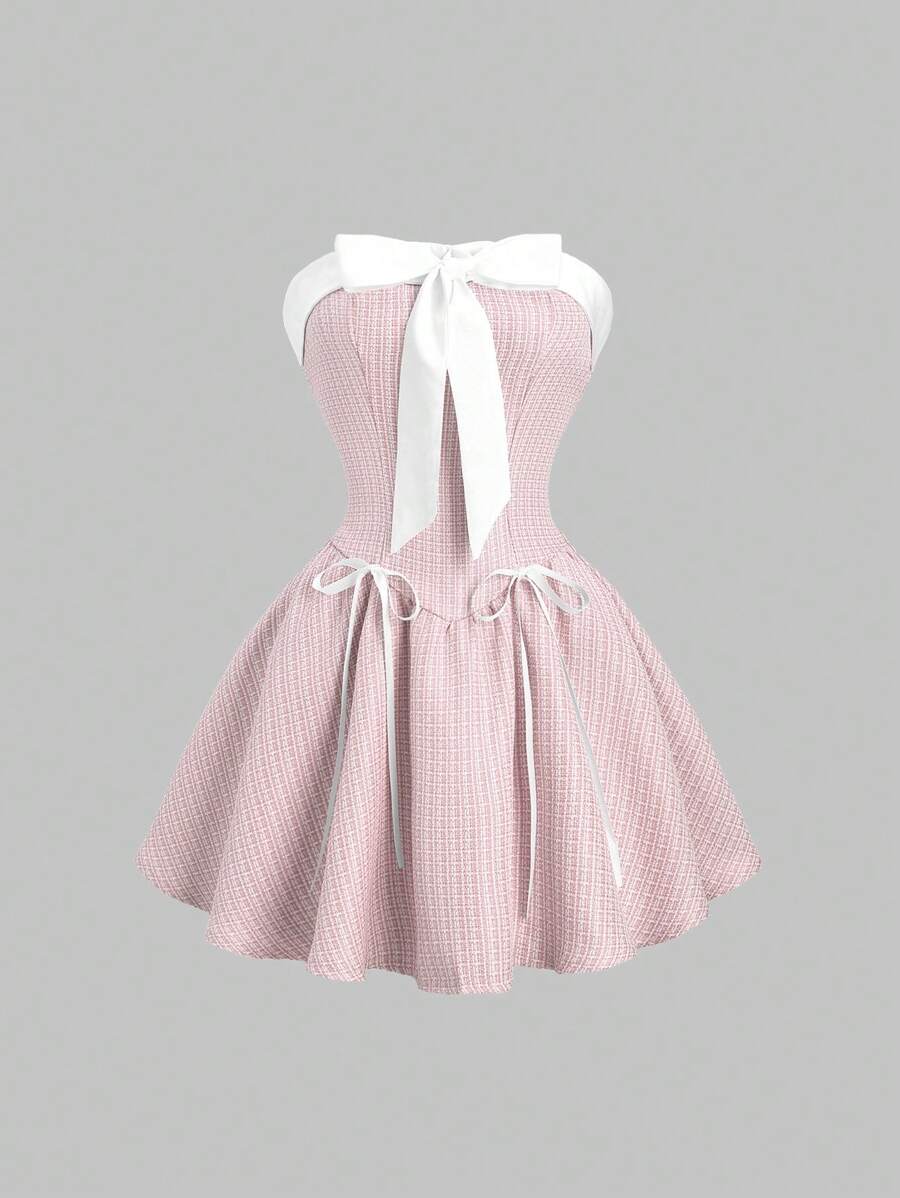 Sweetra 女式拼色露肩蝴蝶结A字迷你连衣裙，可爱公主风，适合春夏生日派对