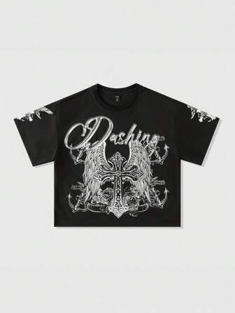 Herren Gothic Boxy Fit handbedrucktes T-Shirt, Vintage Straßenmode, Halloween