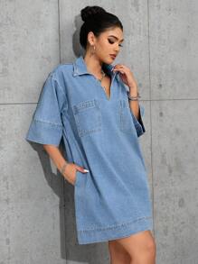 SHEIN PETITE 女士短袖口袋休闲宽松牛仔连衣裙 - 中等水洗藍 - 查看 1