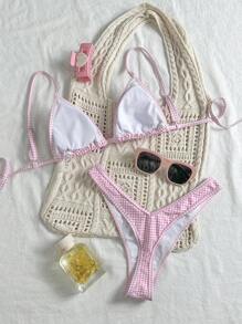 Swim Mod Beach Summer Outfits For Women: 2pcs Random Plaid Spaghetti Strap Cute Bow Bikini Set - Pink - View 2