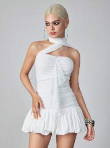 ROMWE Avant Women's Sports Style Ballet Flounce Hem Bodycon Halter Dress - White - View 5