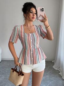 Elenzga Women's Casual Elegant French Romantic Slim Fit Ruffle Trim Striped Short Sleeve Blouse