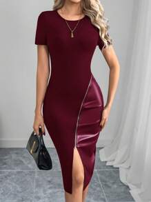 SHEIN Clasi Elegante Vestido Feminino Preto De Manga Curta Patchwork Pu No Inverno Zíper Até A Coxa Dividida Bodycon - Borgonha - Ver 3