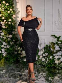 Glamrae Elegantes Midi-Cocktailkleid in Große Größen mit asymmetrischem Kragen, Laternenärmeln, besetzt mit Strass, Partykleid, Hochzeitsgast-Kleid