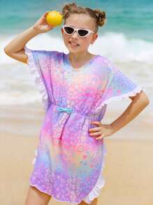 Tween Girl Leopard Print Bat Sleeve Cover-Up Dress Summer Holiday