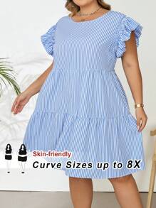 SHEIN CURVE+ Plus Striped Print Ruffle Trim Smock Summer Dress Boho Vacation - Blue and White - View 1