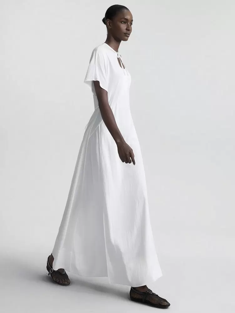 2022 New Summer Women's Big Swing Dress, White Front Tie Bow Loose Casual Long Sleeve Dress