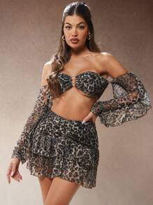 Hauture Conjunto de top bandeau y falda con estampado de leopardo y encaje
