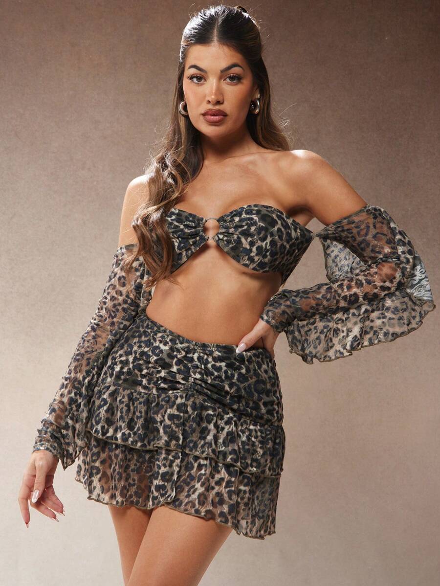 Hauture Conjunto de top bandeau y falda con estampado de leopardo y encaje